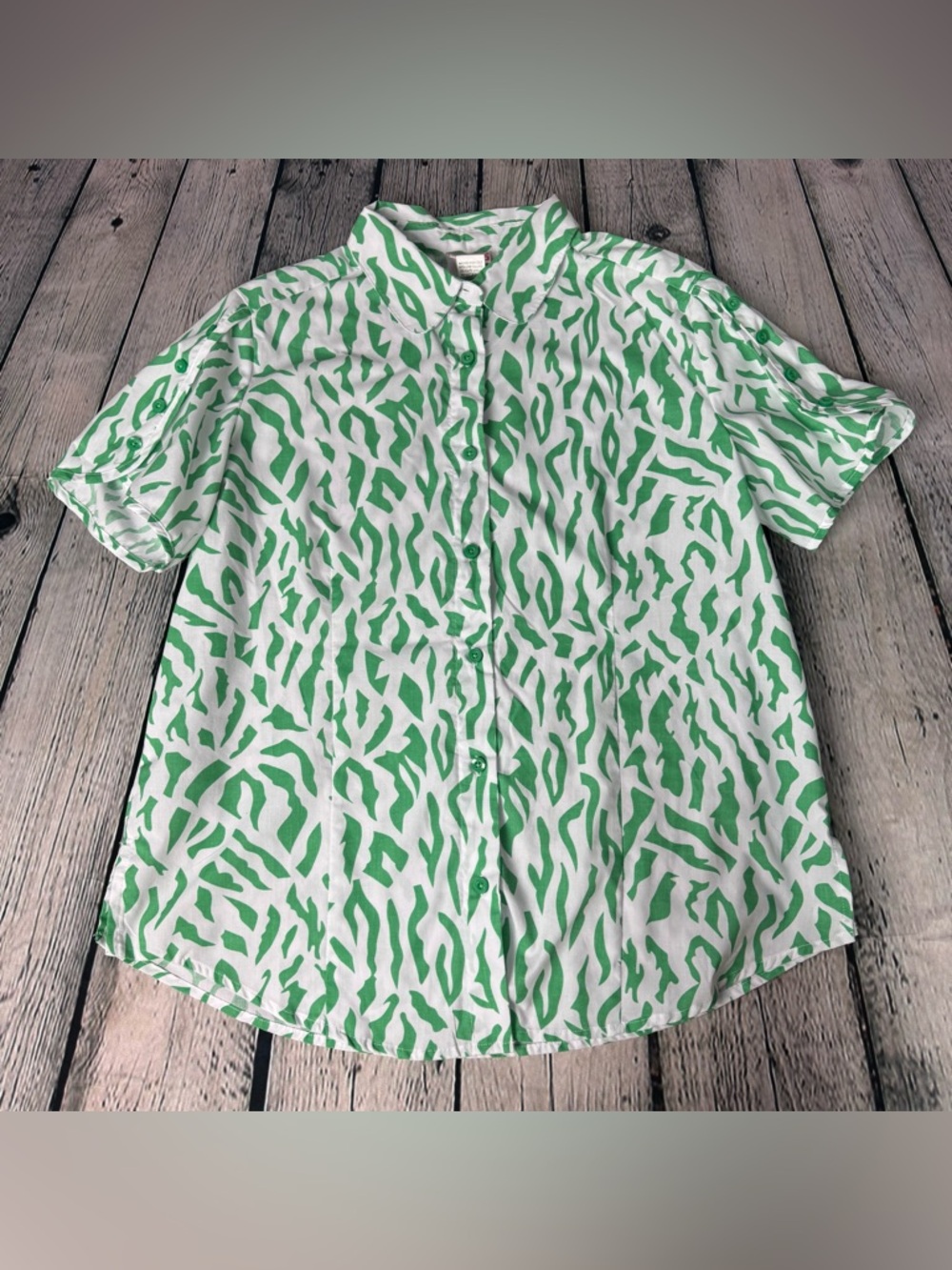 Vtg American Sweetheart Button Up Peter Pan Collared Green Zebra Print Sz Medium